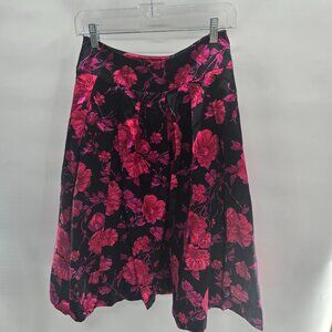 Vintage Talbots Black Pink Vibrant Flowers Lined Satin Midi Skirt Size 4